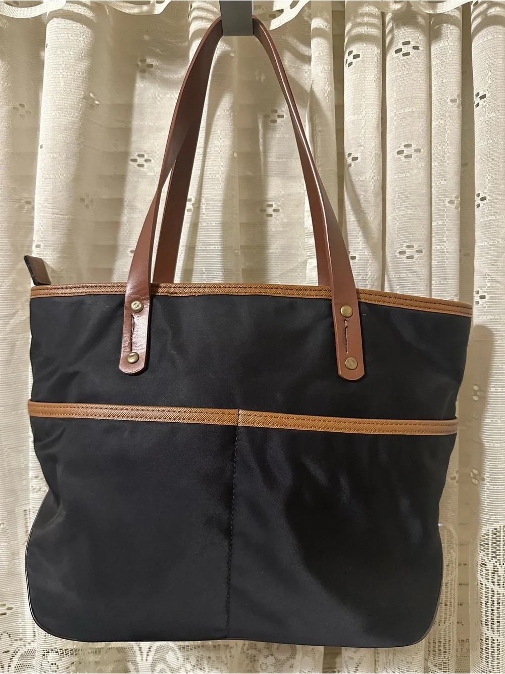 Michael Kors Black Nylon Tote with Brown Leather Trim and Gold Hardware